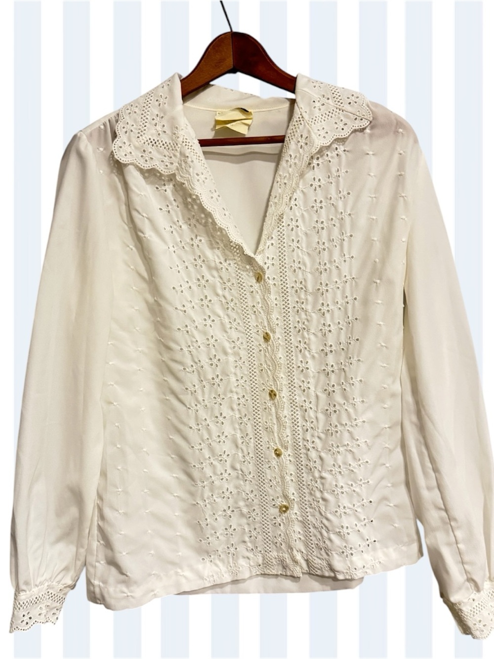 VTG 70s Lee Mar White Lace Eyelet Button-Down Blouse Long Sleeves Cottagecore